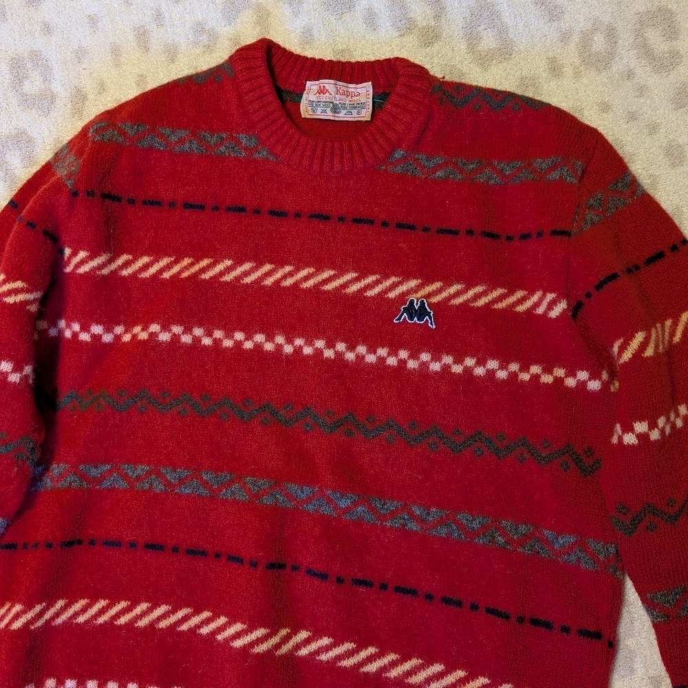 Kappa Vintage Italian Shetland Wool Striped Red Crewneck Sweater Small Medium - Picture 3 of 10